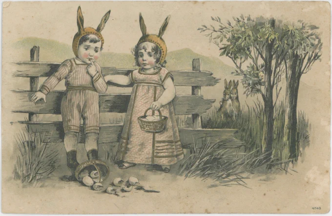 Colour illustration of two young children outside with hats with rabbit ears and baskets of eggs. Two rabbits in background. Dated 1906.