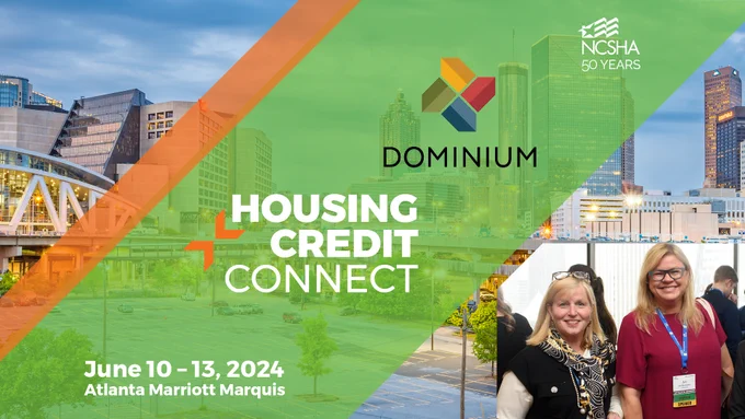 Atlanta buildings; Housing Credit Connect event and NCSHA logos; two people smiling, text reading, "June 10 – 13, 2024 | Atlanta Marriott Marquis"