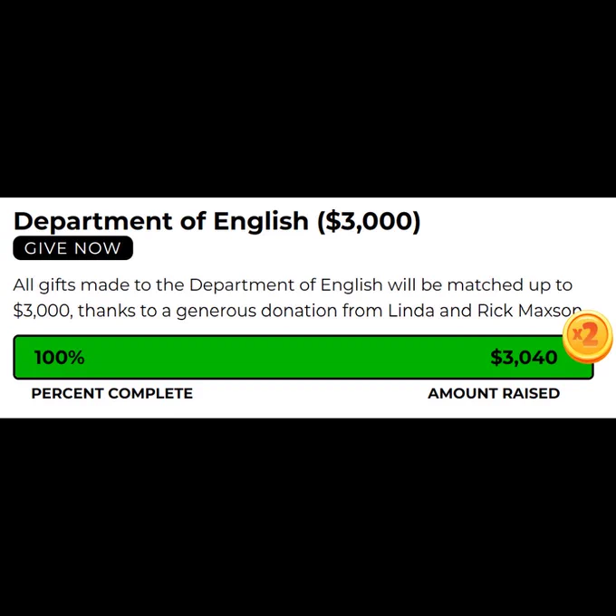 An image that reads "All gifts made to the Department of English will be matched up to $3,000, thanks to a generous donation from Linda and Rick Maxson.

The bar is completed! $3,040 had been raised as of the image's posting!
