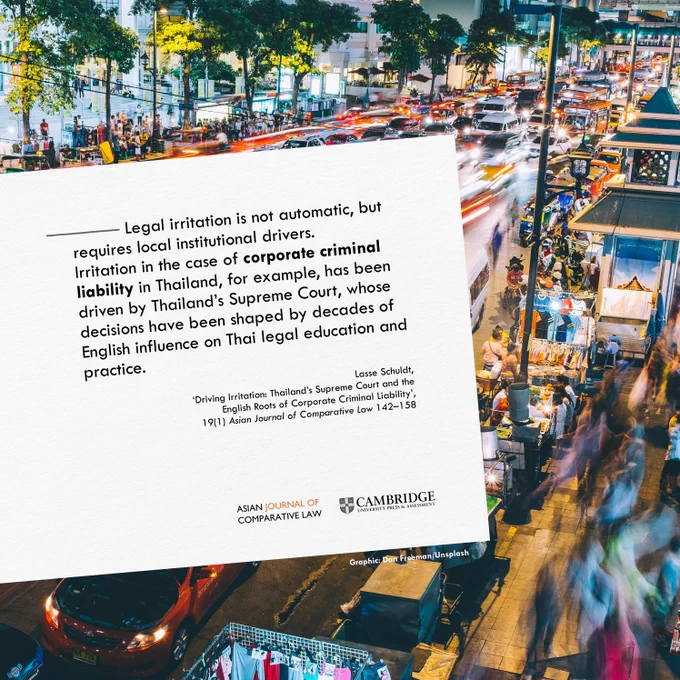 Legal irritation is not automatic, but requires local institutional drivers. Irritation in the case of corporate criminal liability in Thailand, for example, has been driven by Thailand’s Supreme Court, whose decisions have been shaped by decades of English influence on Thai legal education and practice.

Lasse Schuldt, ‘Driving Irritation: Thailand’s Supreme Court and the English Roots of Corporate Criminal Liability’, 19(1) Asian Journal of Comparative Law 142–158