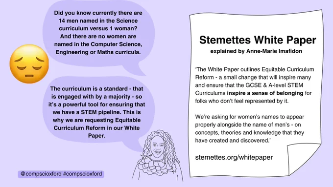 A purple graphic with two speech bubbles reading 'Did you know currently there are 14 men named in the Science curriculum versus 1 woman? And there are no women are named in the Computer Science, Engineering or Maths curricula.' & 'The curriculum is a standard - that is engaged with by a majority - so it’s a powerful tool for ensuring that we have a STEM pipeline. This is why we are requesting Equitable Curriculum Reform in our White Paper.' pointing to a drawing of Anne-Marie Imafidon & a sad emoji. There is further text reading 'Stemettes White Paper explained by Anne-Marie Imafidon’ & ‘The White Paper outlines Equitable Curriculum Reform - a small change that will inspire many and ensure that the GCSE & A-level STEM Curriculums inspire a sense of belonging for folks who don’t feel represented by it. We’re asking for women’s names to appear properly alongside the name of men’s - on concepts, theories and knowledge that they have created and discovered.’ & ‘stemettes.org/whitepaper'.