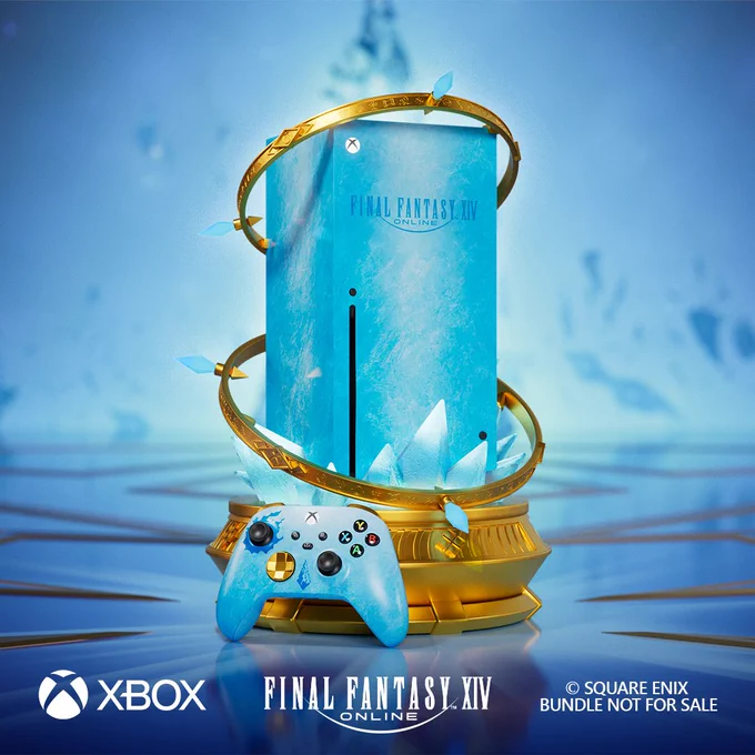 A product image for the Final Fantasy 14 on Xbox Sweepstakes / Prize Draw Promotion. The photograph shows one custom designed Final Fantasy 14 branded Xbox Series X console that is non-functional and for display only. The case of the console is crystal blue, sitting on top of a golden circular display tray with crystals protruding outwards from it. Two golden rings sit diagonally around the rectangular console. An Xbox Series X controller sits that is also crystal blue sits leaning up against the base featuring a blue meteor symbol around the left joystick. The Xbox and Final Fantasy 14 Online logos are at the bottom of the image. Small print reads copyright Square Enix, bundle not for sale.