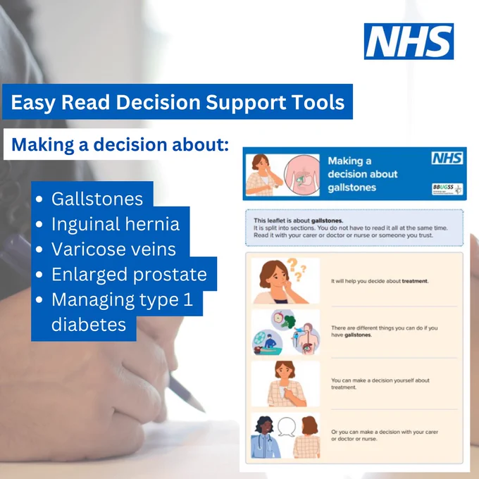 NHS logo top right. Words: Easy Read Decision Support Tools. Making a decision about: Gallstones, Inguinal hernia, varicose veins, enlarged prostate, managing type 1 diabetes. 
Photo in background of a person's hand holding a pen. Graphic of one of the decision support tools easy read version.
