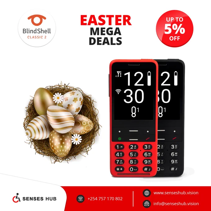 Here's a revised version of the text:

An image of a graphic showing the Easter sale advertisement, there is an image of BlindShell Classic 2 mobile phones that are available for purchase. The advertisement shows two phones, one in red and the other in black, along with a nest of colorful eggs. The offer includes a 5% discount, and the contact details are provided as 0757 170 802.