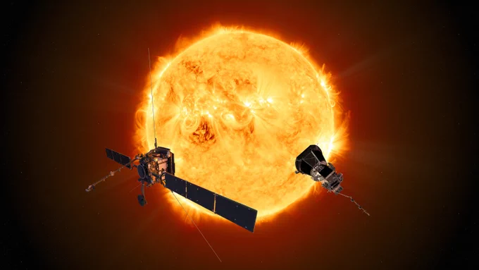 Two satellites look upon our Sun. The Sun takes up the central area in the image and shows spikes and swirls coming from its surface. 
