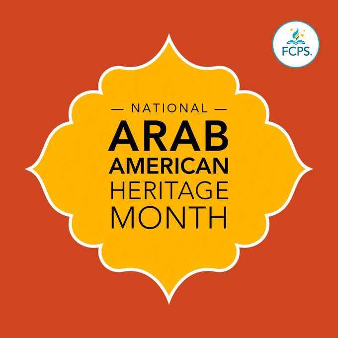 Text: "National Aran American Heritage Month" on an orange background. The FCPS logo appears in a white circle in the top right corner. 