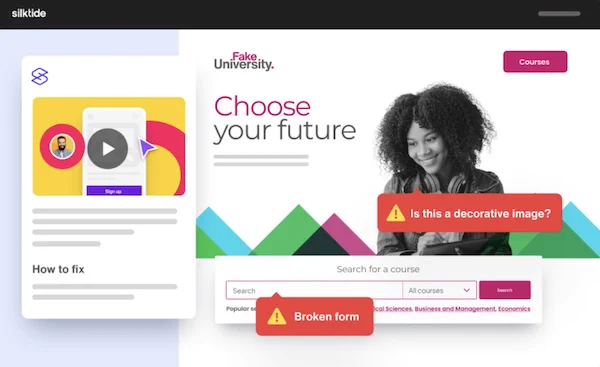 Fake University website showing how Silktide identifies web content issues with location specific callouts on the webpage such as "Broken form" and "Is this a decorative image?"