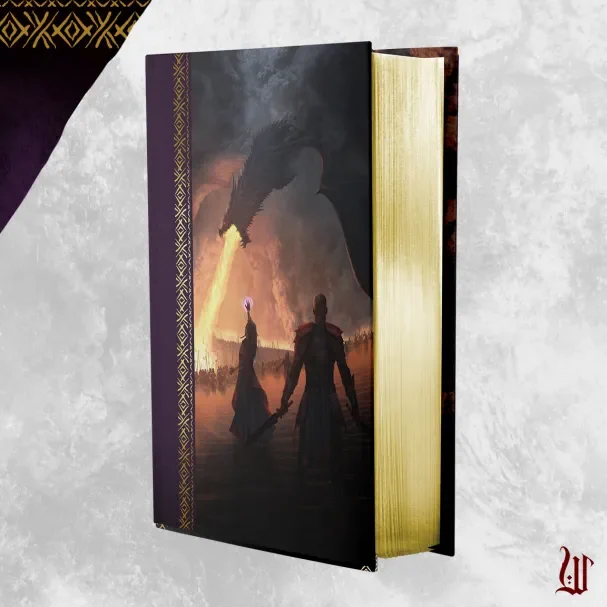 The image is of a book with golden, gilded page edges. The book's cover is of a scene in mostly orange, red, and shadows. It depicts a woman, hand and arm raised, calling down a massive dragon on the army of her enemy. Behind the woman, facing away from us and toward the enemy, stands a swordsman with a black-bladed sword in each hand.