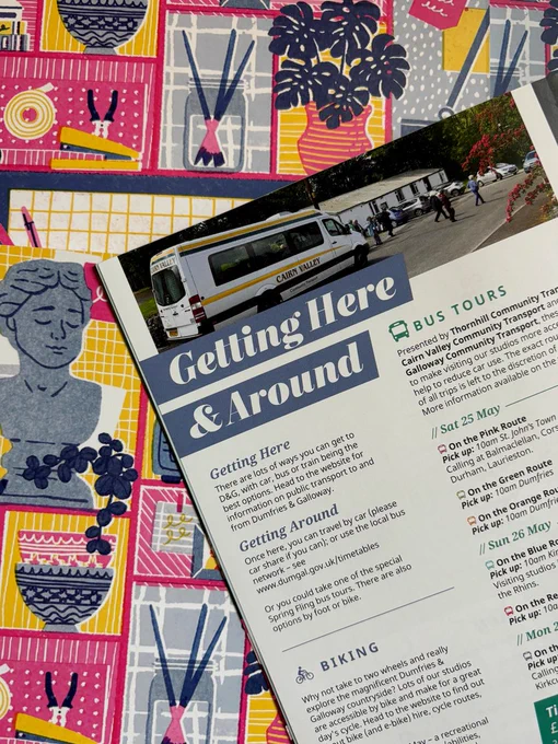 Spring Fling brochure flat lay with the getting here and around page shown