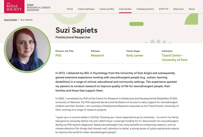 Screenshot of web page showing Suzi Sapiets case study on the royal society research career roadmap: https://yourstemcareerpath.royalsociety.org/case-studies/suzi-sapiets
