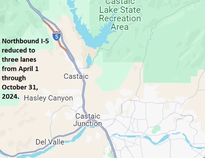 Map of location of lane reduction on northbound I-5. 