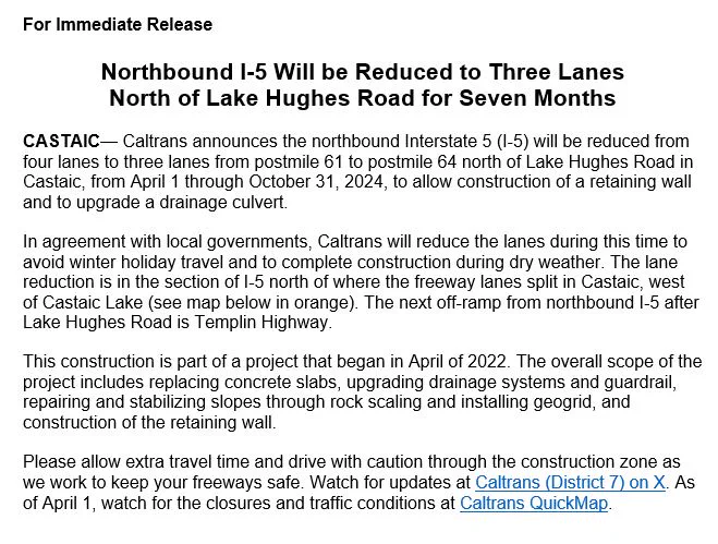 News release of lane reduction on northbound I-5.