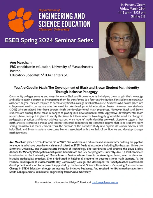 A flyer for ESED Seminar with Anu Meacham. Contact Paige Zoltewicz at pzoltew@clemson.edu for more information.