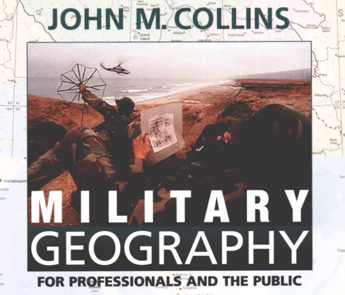 The cover of the book "Military Geography for Professionals and the Public." It shows a Soldier holding a map while a nearby Soldier holds an antenna up in the air. A helicopter is flying in the distance over a body of water.