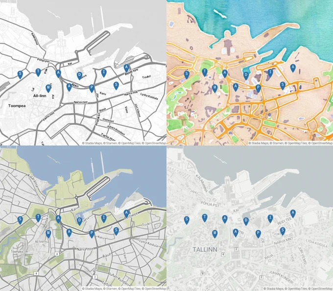Example of the Stadia Maps Static Map Images API endpoint, with custom markers that spell out Stadia Maps over Stamen Toner Lite, Stamen Watercolor, Stamen Terrain, and Alidade Smooth map tile styles.