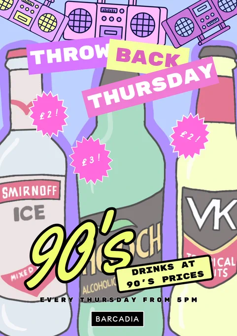A 90s styled poster showing Smirnoff Ice, Hooch and VK for £2 £3 and £2, respectively.