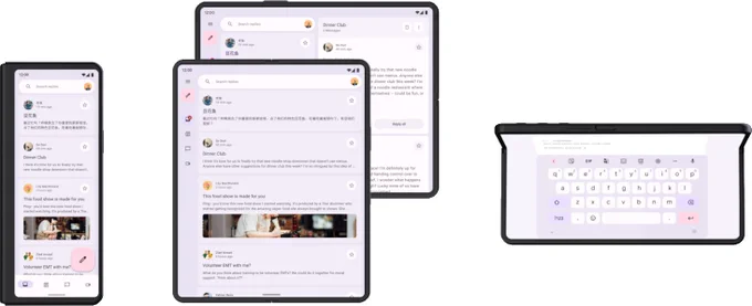 Foldable device folded, open flat, open flat rotated to landscape, and half opened (tabletop).