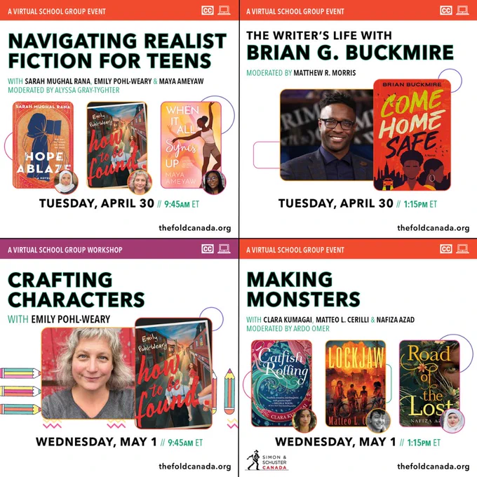 Calling all educators...this one's for you! ✏️📓📚 #FOLD2024 @FoldKids

Get your teen students inspired by books by registering your class for these four amazing virtual events!

Visit thefoldcanada.org/educators for more info on school board passes and how to register.