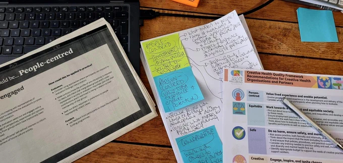 Photo of laptop, paper, pens, post-its on my desk