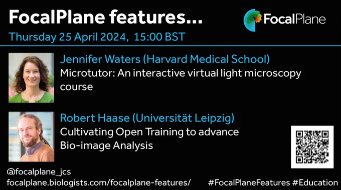 FocalPlane features...
Thursday 25 April 2024, 15:00 BST
Jennifer Waters (Harvard Medical School) Microtutor: An interactive virtual light microscopy course
Robert Haase (Universität Leipzig) Cultivating Open Training to advance Bio-image Analysis
@focalplane_jcs 
focalplane.biologists.com/focalplane-features/
#FocalPlaneFeatures #Education