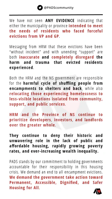 A graphic which has the forth part of the PADS statement on the recent evictions of tent encampments in the HRM. Some parts are bolded in black and in red. In the background of the statement is a faded black tent with a red heart on it.