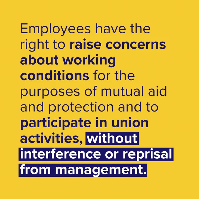 Image is this text: Employees have the right to raise concerns about working conditions for the purposes of mutual aid and protection and to participate in union activities, without interference or reprisal from management.