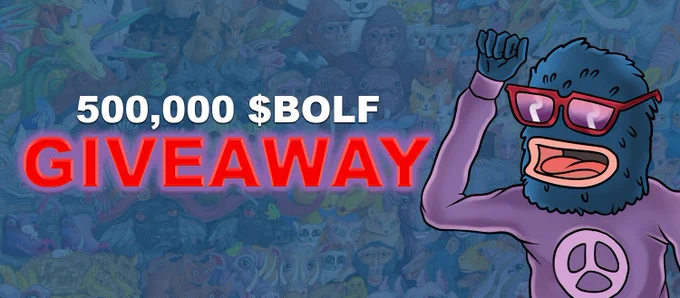Based Wolf character with text "500,000 $BOLF Giveaway" for a crypto giveaway