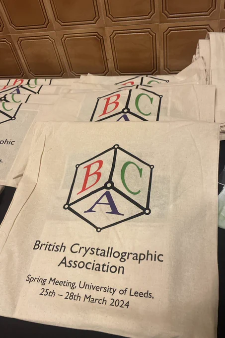 Image of a canvas bag with the bca logo, and the text ‘british crystallographic association, spring meeting, university of leeds, 25th - 28th March 2024’ printed on it.