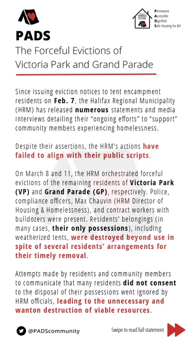 A graphic which has the first part of the PADS statement on the recent evictions of tent encampments in the HRM. some parts are bolded in black and in red. The pads logo is in the top right corner. in the background of the statement is a faded black tent with a red heart on it.