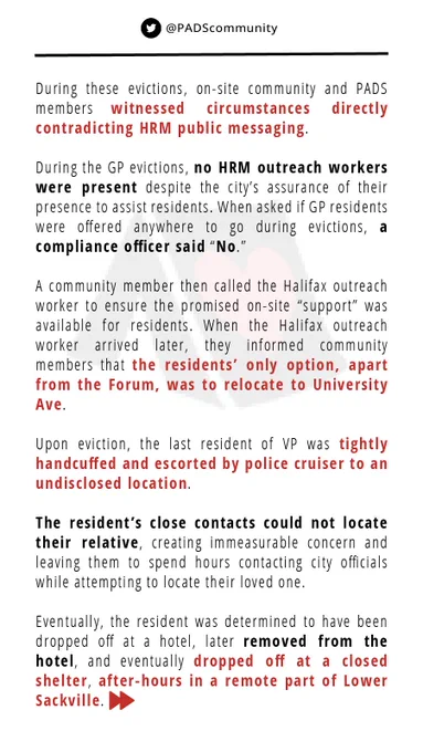 A graphic which has the second part of the PADS statement on the recent evictions of tent encampments in the HRM. Some parts are bolded in black and in red. In the background of the statement is a faded black tent with a red heart on it.