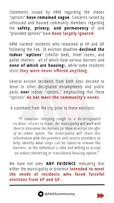 A graphic which has the third part of the PADS statement on the recent evictions of tent encampments in the HRM. Some parts are bolded in black and in red. In the background of the statement is a faded black tent with a red heart on it.