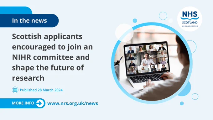 A woman taking part in an online meeting using a laptop, pictured alongside the headline: "Scottish applicants encouraged to join an NIHR committee and shape the future of research"