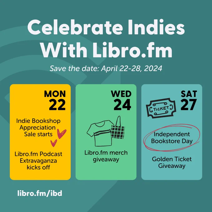 A dark teal background with a light Libro.fm logo along the left side. A headline reads: "Celebrate Indies with Libro.fm: Save the date: April 22-28, 2024." Three colorful blocks below read: "Monday 22: Indie Bookshop Appreciation Sale stars; Libro.fm Podcast Extravaganza kicks off. Wednesday 24: Libro.fm merch giveaway. Saturday 27: Independent Bookstore Day; Golden Ticket Giveaway."