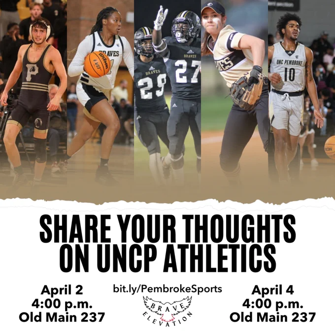 Flyer has 5 different athletes and says "Share your thoughts on UNCP Athletics April 2 or April 4 at 4 p.m. in Old Main Room 238