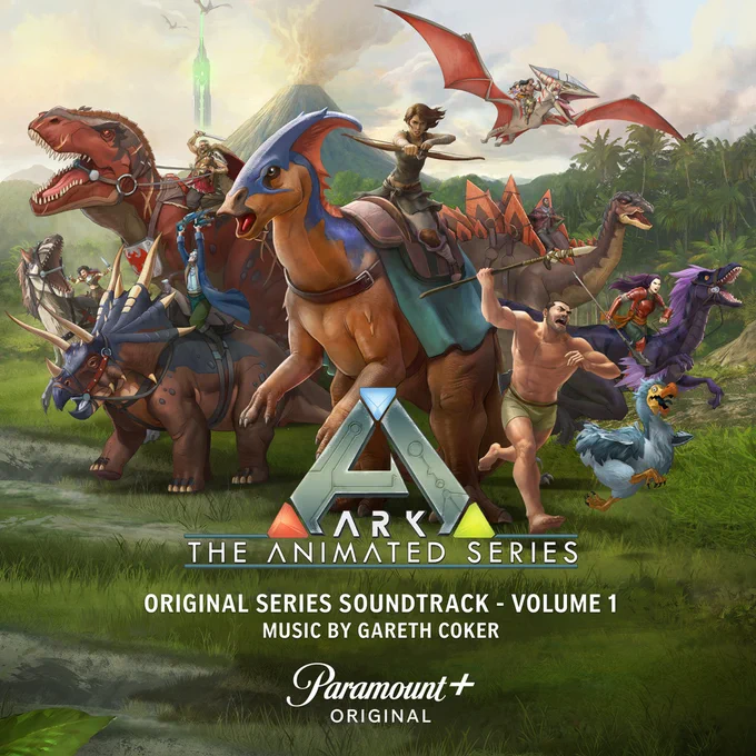 Album cover for ARK The Animated Series soundtrack Volume 1. Dinosaurs of different varieties with humans of different origins in various attack poses. And a dodo.