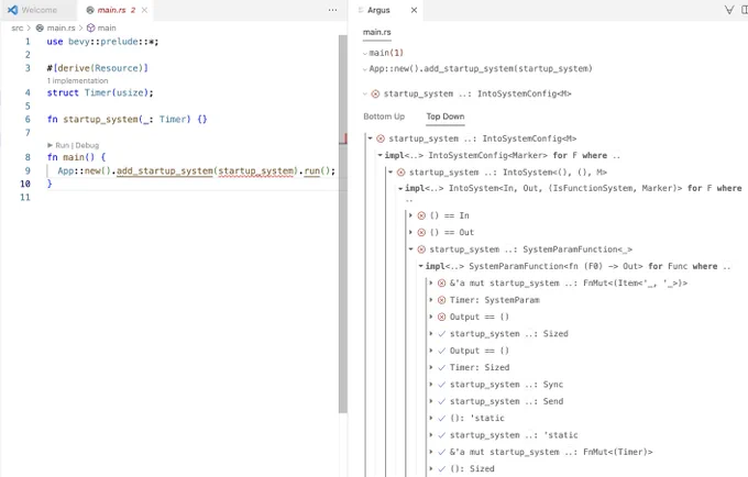 A screenshot of VSCode. Left: a Rust program using the Bevy framework with a trait error. Right: a visualization of the partial proof tree generated by the compiler for the trait error.