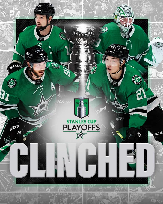 Dallas Stars Clinched graphic for the Stanley Cup Playoffs

The graphic features four players front and center with the Cup: Jason Robertson, Jamie Benn, Jake Oettinger, and Tyler Seguin, along with the Cup in the center and the NHL official Stanley Cup Playoffs Stars logo. There are dozens of photos collaged in the background from throughout the Stars season