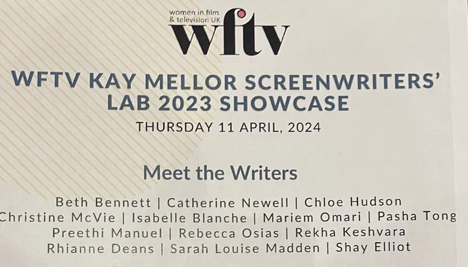 Programme reads, ‘Meet the Writers - Beth Bennet, Catherine Newell, Chloe Hudson, Christine McVie, Isabelle Blanche, Mariem Omari, Pasha Tong, Preethi Manuel, Rebecca Osias, Rekhe Keshwara, Rhianne Deans, Sarah Louse Madden, Shav Elliot.’
