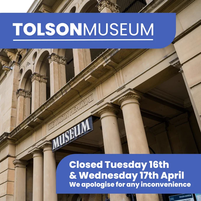 image of tolson museum, text closed Tuesday 16th & Wednesday 17th April
