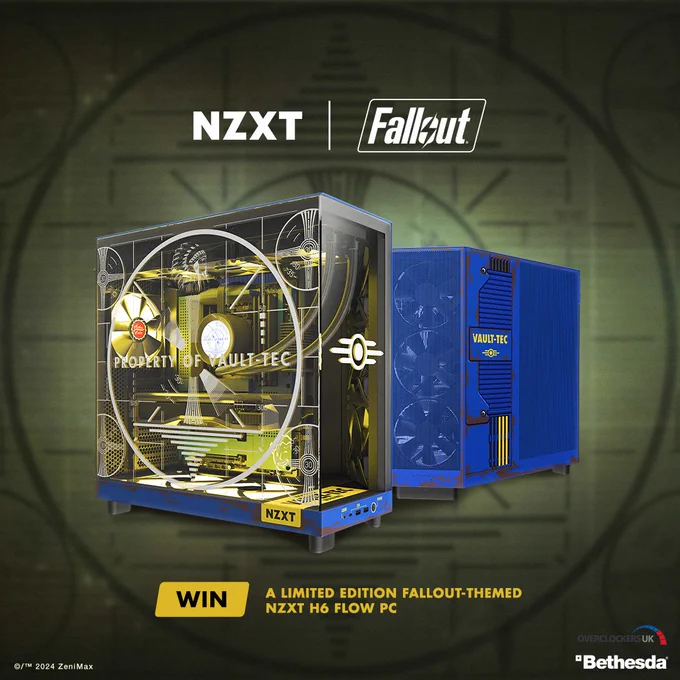 Two views of a specially designed Fallout themed NZXT H6 Flow PC - the main colour is blue with glass decals. The background of the image is the 'please stand by' tester image made famous in the Fallout games.