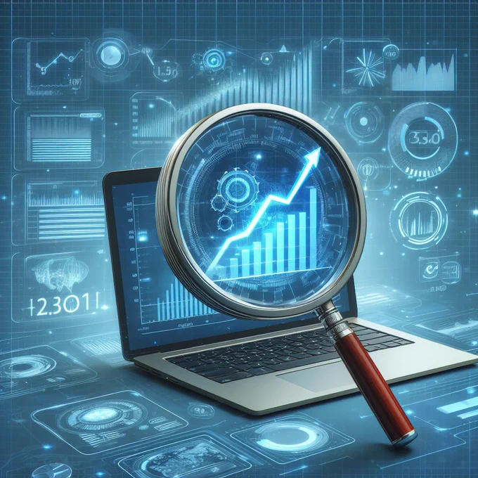 An illustration of a magnifying glass over a computer screen symbolizes real-time tracking.