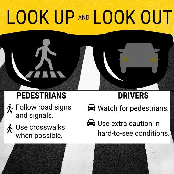 "Look Up and Look Out" with a pair of sunglasses showing a pedestrian in a crosswalk and a vehicle with headlights and the text: Pedestrians, Follow road signs and signals, Use crosswalks whenever possible and Drivers, Watch for pedestrians. Use extra caution in hard-to-see conditions."