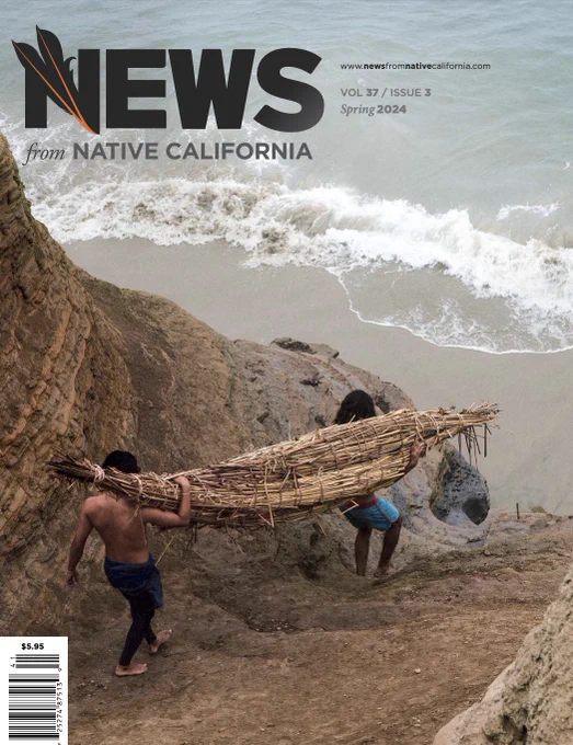 Professional surfer Andy Nieblas (Acjachemen) and Reg Macarro (Payómkawichum; Pechanga Band of Indians) carrying a tule canoe down to the San Diego Coast. The image is still from Native Like Water’s upcoming film "Haagua, An Indigenous Surf Film". Photo by Todd Prodanovich.