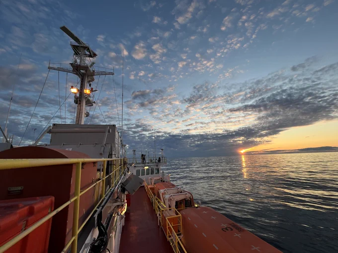 The JOIDES Resolution research ship out in the North Atlantic, Reykjavík, Iceland on International Ocean Discovery Program Expedition 395, Reykjanes Mantle Convection and Climate. Credit: Claire Jasper, Lamont-Doherty Earth Observatory