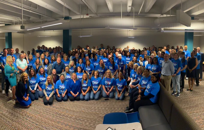 More than 100 DCY team members wear their blue DCY t-shirts as part of the Public Children Services Association of Ohio's Wear Blue Day for Child Abuse Prevention Month.