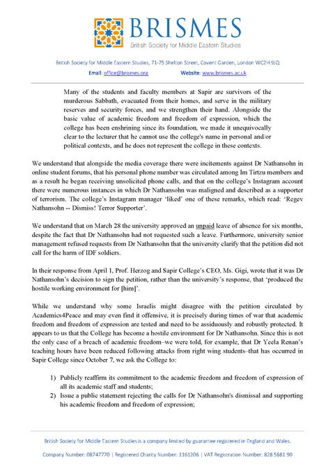 The image shows page 2 of the letter from the BRISMES Committee on Academic Freedom to Sapir College. The letter is available to read in full on the BRISMES website: https://www.brismes.ac.uk/news/letter-to-sapir-college-regarding-dr-regev-nathansohn