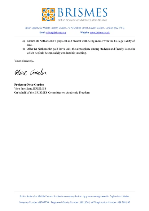 The image shows page 3 of the letter from the BRISMES Committee on Academic Freedom to Sapir College. The letter is available to read in full on the BRISMES website: https://www.brismes.ac.uk/news/letter-to-sapir-college-regarding-dr-regev-nathansohn