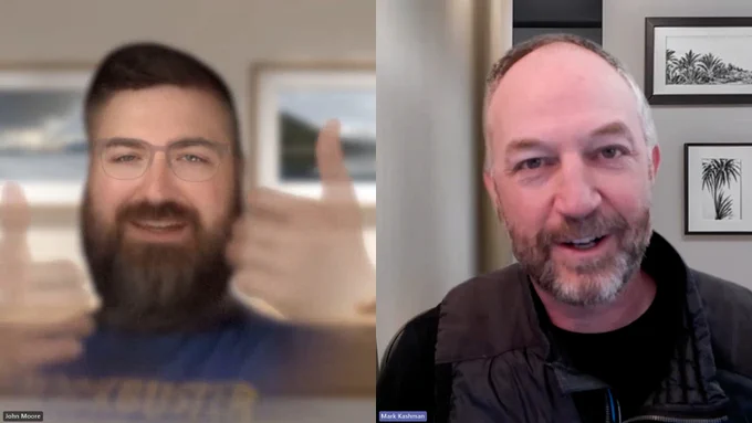 John Moore's Apple Vision Pro persona chatting with Mark Kashman via Microsoft Teams to record The Intrazone interview. 