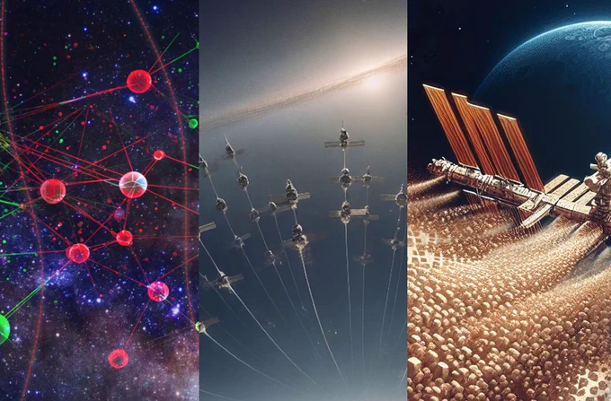 The image is an artistic illustration of the three themes of the third SpOC competition. On the left, a mathematical graph is shown with space in the background, representing the challenge about graph theory. In the middle, a satellite constellation is shown in space, representing the challenge about mission analysis. On the right side, a stream of small cubes morphs into the ISS, representing the robotics challenge.
