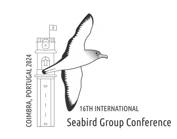 Logo for the 16th International Seabird Group Conference with added text of 'call for abstracts now open'. The logo features the Coimbra clock tower with a Cory's shearwater flying in front of it.